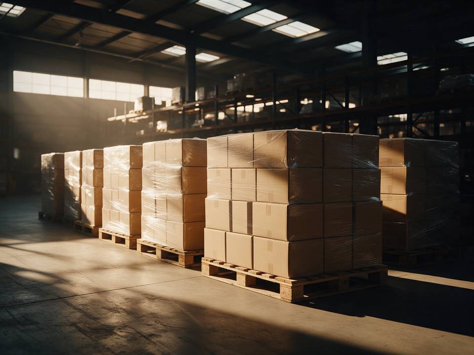 Imagen conceptual de distribución: palés con mercancía embalada preparada para su envío
