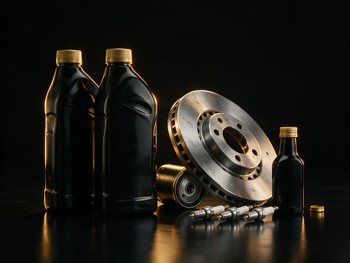 Envases de lubricante, disco de freno, filtro de aceite y bujías sobre fondo negro